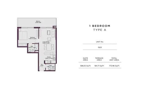 Plattegrond van 1 slaapkamer in Dune Residency