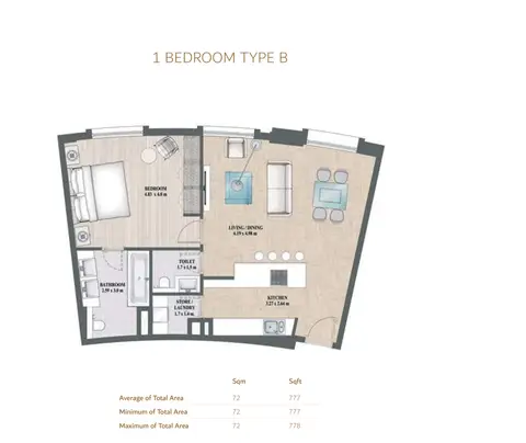 Plattegrond van 1 slaapkamer in Alandalus