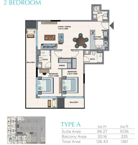 Plattegrond van 2 slaapkamers in La Riviera Azure