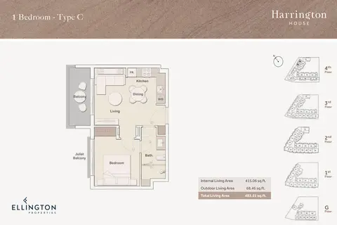 Plattegrond van 1 slaapkamer in Harrington House