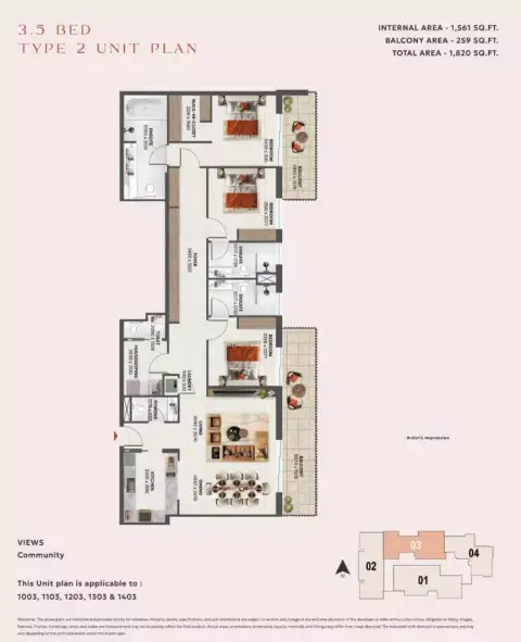 Plattegrond van 3 slaapkamers in Sunvale