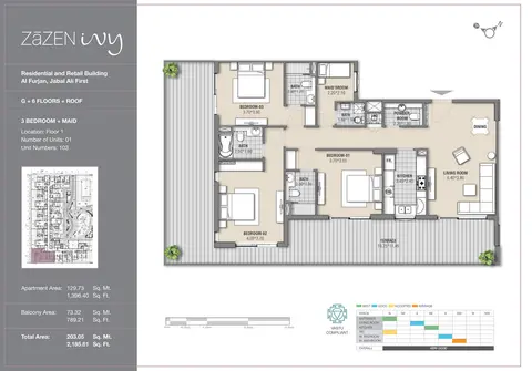 Plattegrond van 3 slaapkamers in Zazen Ivy at Al Furjan