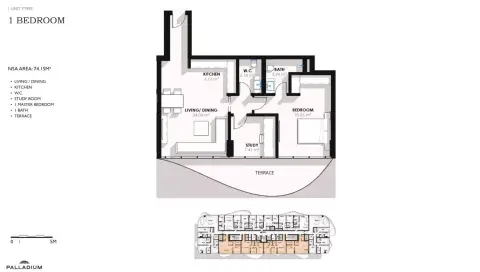 Plattegrond van 1 slaapkamer in Coralis Residences