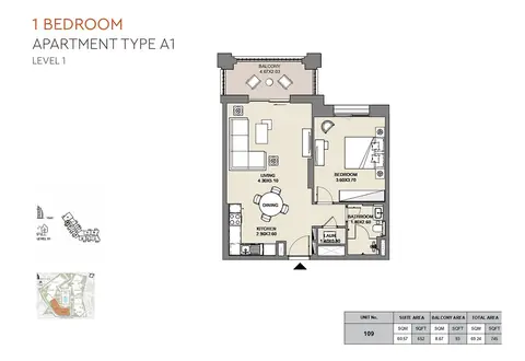 Plattegrond van 1 slaapkamer in MJL Al Jazi