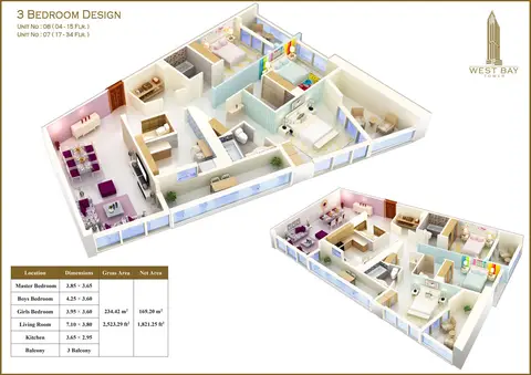 Plattegrond van 3 slaapkamers in West Bay Tower