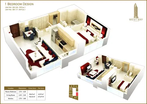 Plattegrond van 1 slaapkamer in West Bay Tower