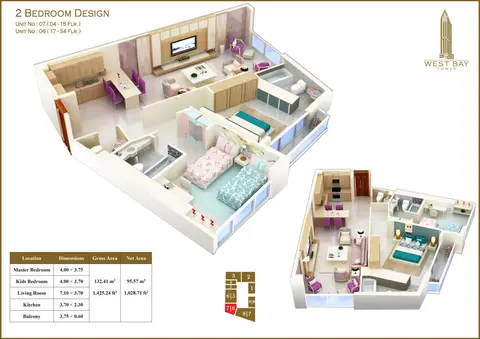 Plattegrond van 2 slaapkamers in West Bay Tower