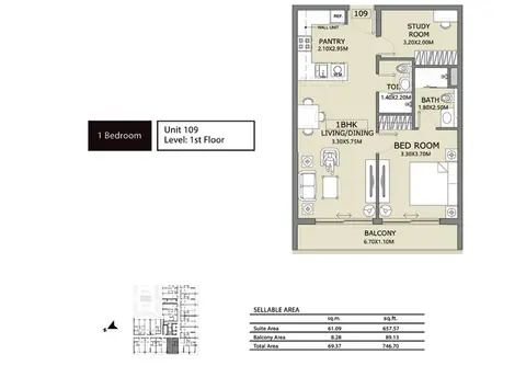 Plattegrond van 1 slaapkamer in Lucky 1 Residences