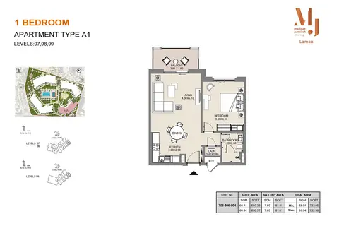 Plattegrond van 1 slaapkamer in MJL Lamaa