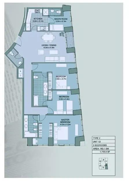 Plattegrond van 3 slaapkamers in Cayan Tower