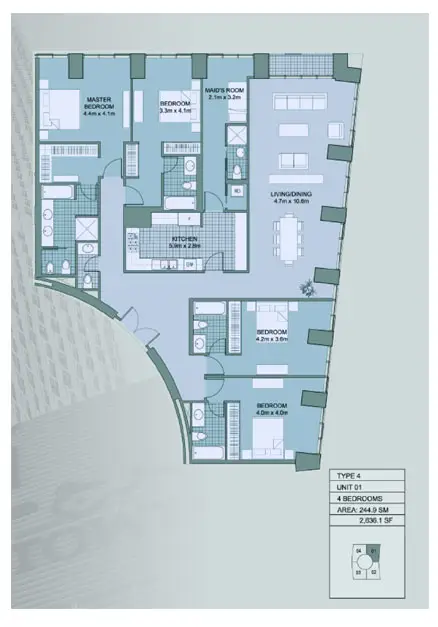 Plattegrond van 4 slaapkamers in Cayan Tower