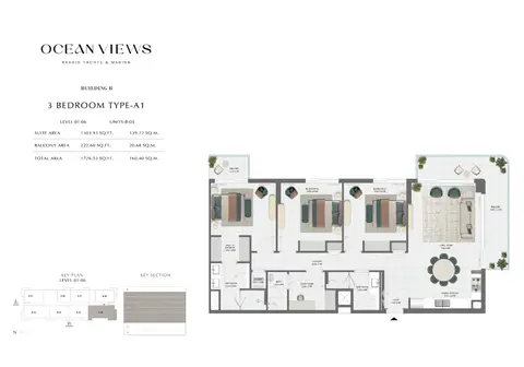 Plattegrond van 3 slaapkamers in Emaar Ocean Views Mina Rashid