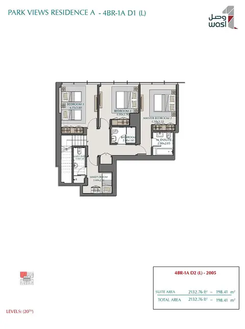 Plattegrond van 4 slaapkamers in Wasl Park Views Residences Tower A