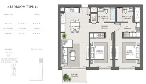 Plattegrond van 2 slaapkamers in Hills Park Apartments