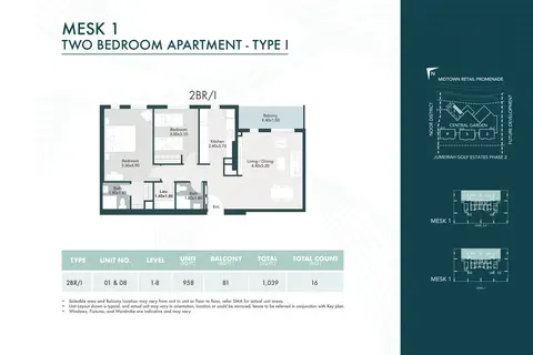 Plattegrond van 2 slaapkamers in Midtown Mesk
