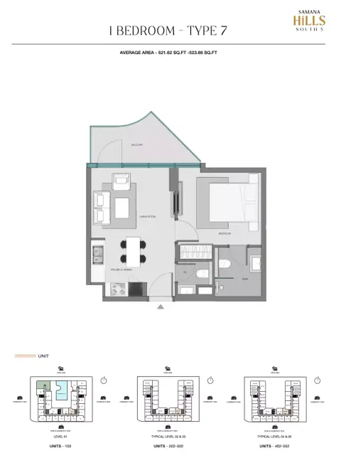 Plattegrond van 1 slaapkamer in Samana Hills South