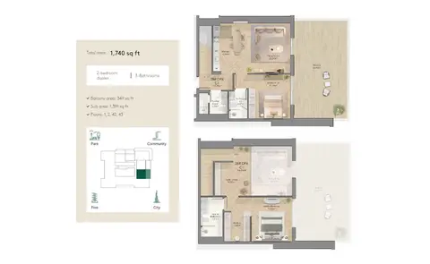 Plattegrond van 2 slaapkamers in Midora Residences at JVC