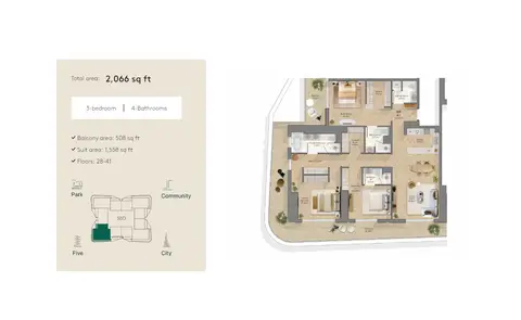 Plattegrond van 3 slaapkamers in Midora Residences at JVC