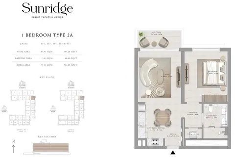 Plattegrond van 1 slaapkamer in Emaar Sunridge Mina Rashid
