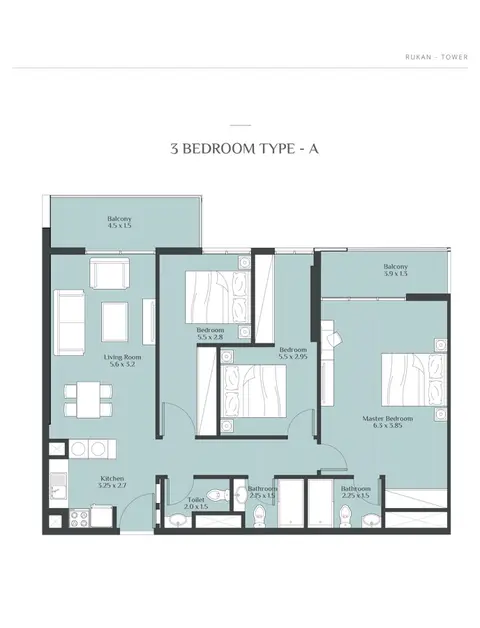 Plattegrond van 3 slaapkamers in Rukan Tower