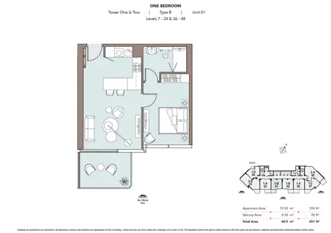 Plattegrond van 1 slaapkamer in Nautica 2 by Select Group