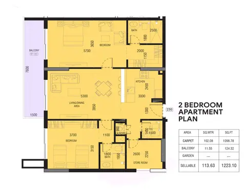 Plattegrond van 2 slaapkamers in Joya Blanca Residences