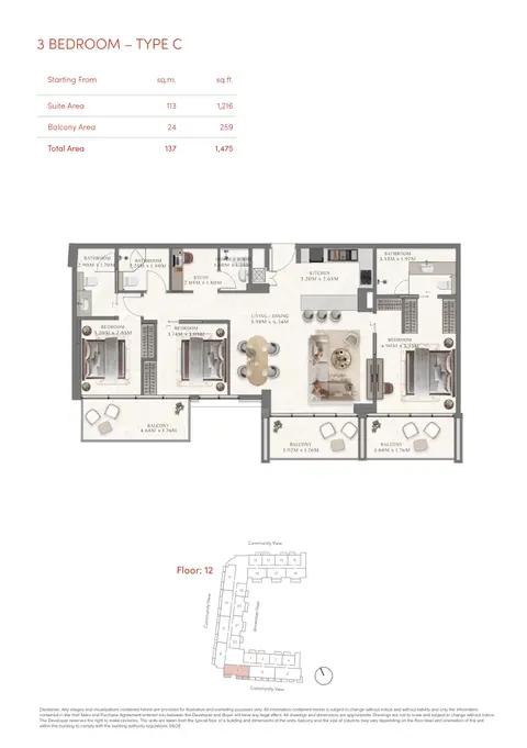 Plattegrond van 3 slaapkamers in The Collection at Taiyo