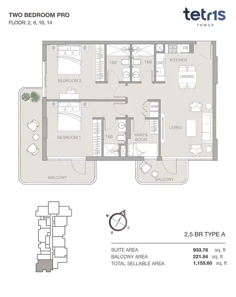 Plattegrond van 2 slaapkamers in Tetr1s Tower at JVC
