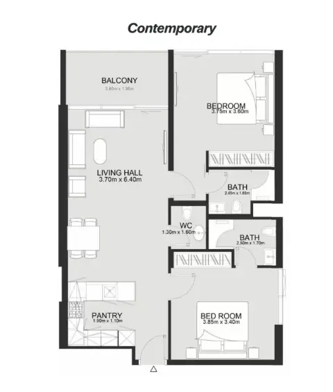 Plattegrond van 2 slaapkamers in Ashley Hills