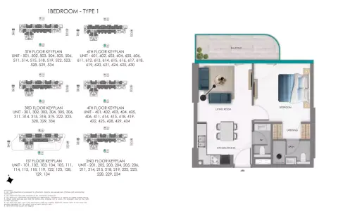 Plattegrond van 1 slaapkamer in Samana South Haven