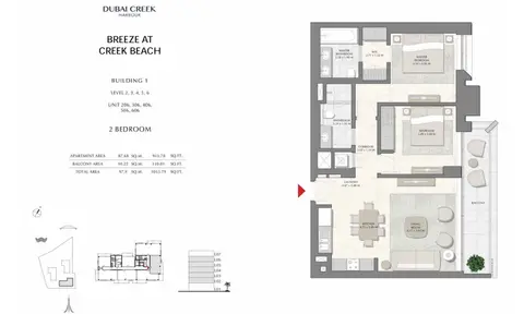 Plattegrond van 2 slaapkamers in Breeze at Creek Beach