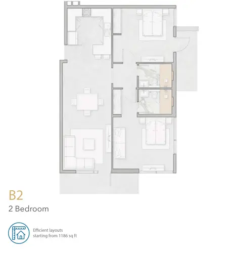 Plattegrond van 2 slaapkamers in Aria Apartments