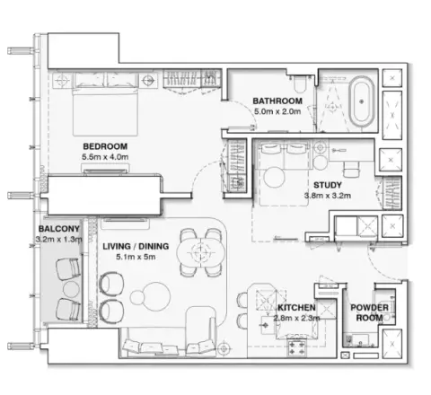 Plattegrond van 2 slaapkamers in Burj Azizi