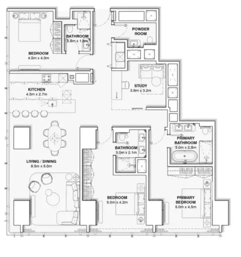 Plattegrond van 4 slaapkamers in Burj Azizi