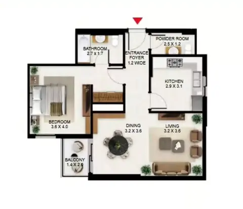 Plattegrond van 1 slaapkamer in South Garden B