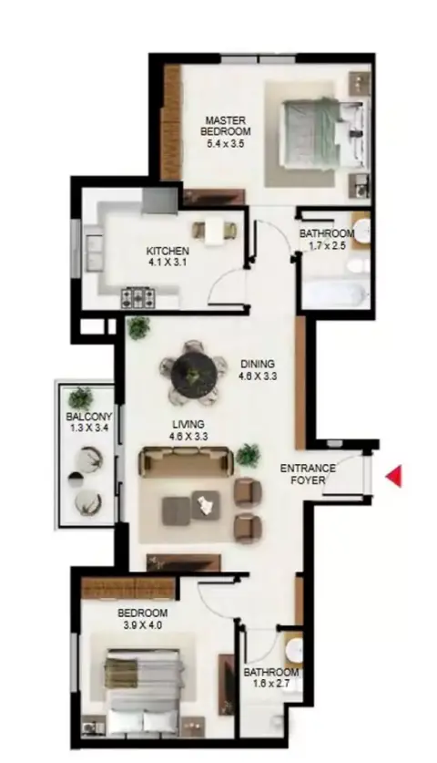 Plattegrond van 2 slaapkamers in South Garden B
