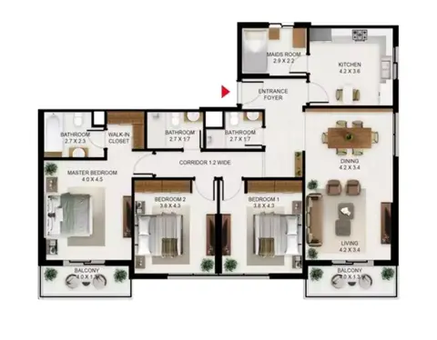 Plattegrond van 3 slaapkamers in South Garden B