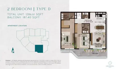 Plattegrond van 2 slaapkamers in Cresswell Plaza