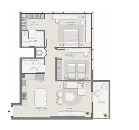 Plattegrond van 2 slaapkamers in Avenue Park Towers