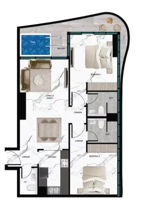 Plattegrond van 2 slaapkamers in Samana Barari Twin Towers