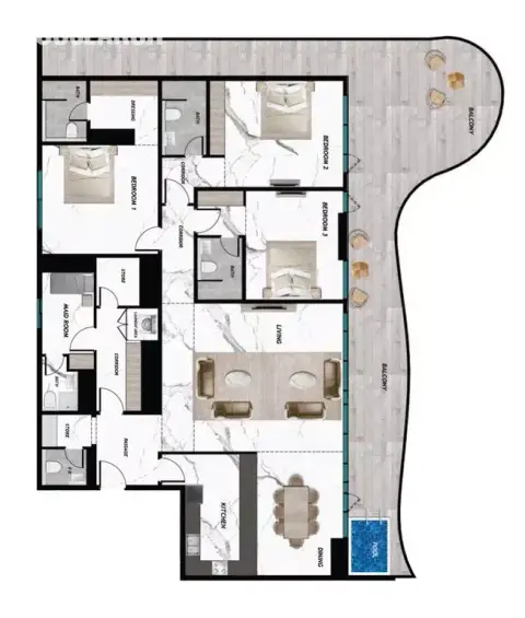 Plattegrond van 3 slaapkamers in Samana Barari Twin Towers