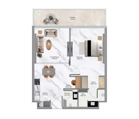 Plattegrond van 1 slaapkamer in Bayz 102