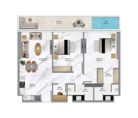Plattegrond van 2 slaapkamers in Bayz 102