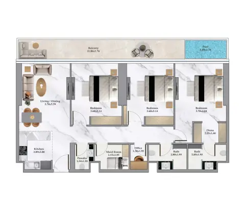 Plattegrond van 3 slaapkamers in Bayz 102