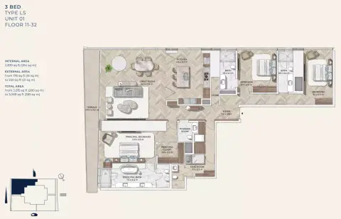 Plattegrond van 3 slaapkamers in Mr C Residences Downtown