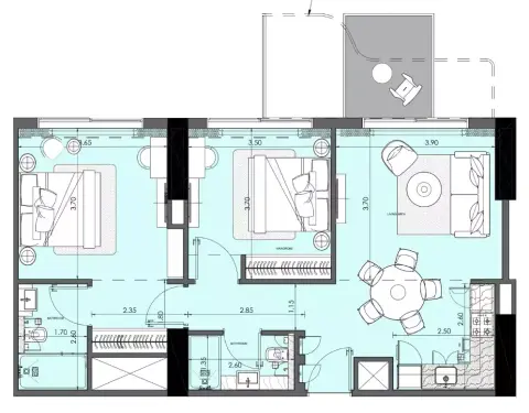 Plattegrond van 2 slaapkamers in Azizi Wasl