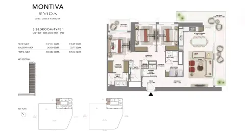 Plattegrond van 3 slaapkamers in Montiva at Emaar Green Gate