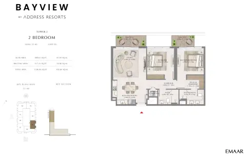 Plattegrond van 2 slaapkamers in Bayview By Emaar