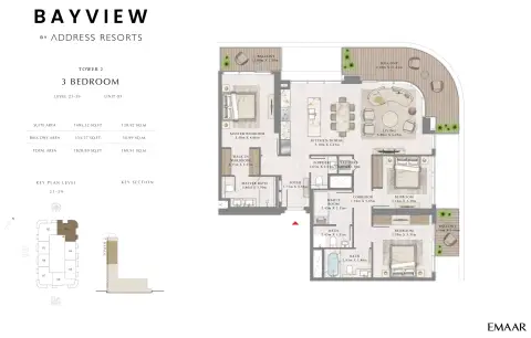 Plattegrond van 3 slaapkamers in Bayview By Emaar