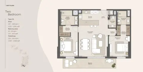 Plattegrond van 2 slaapkamers in Dana Expo Valley Views